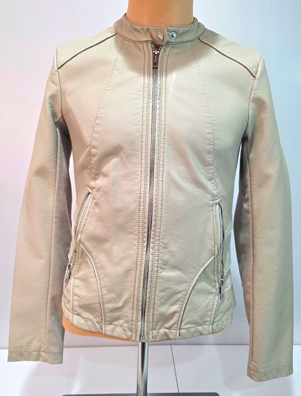 Kenneth Cole Reaction Womens Small Faux Leather Moto Jacket Beige Tan Zip